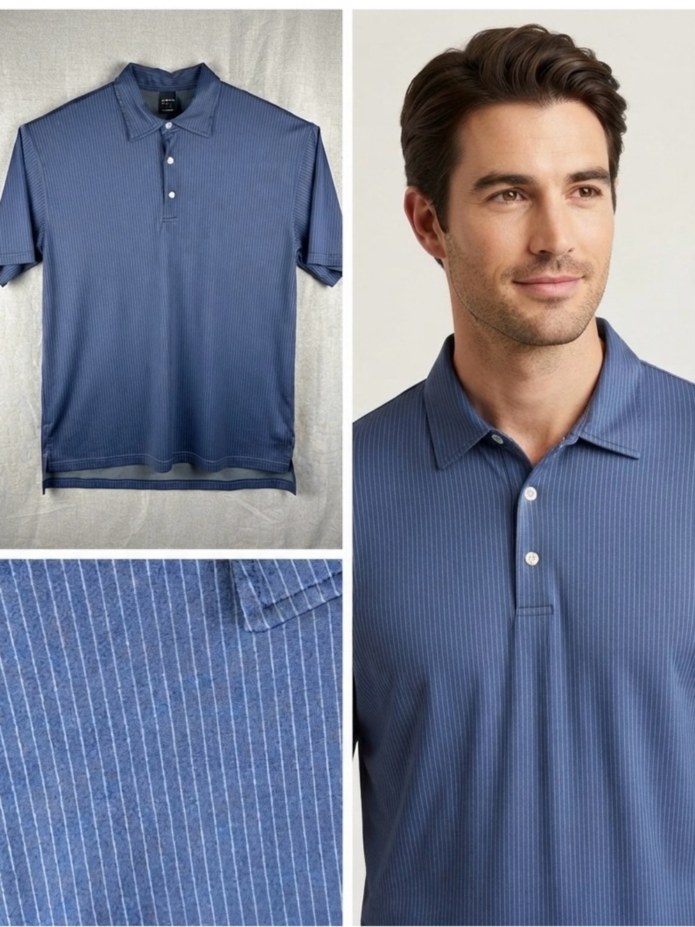 Dunning Mens Polo Shirt Short Sleeve Navy Blue Pin Stripe Golf Dry Wicking Top L
